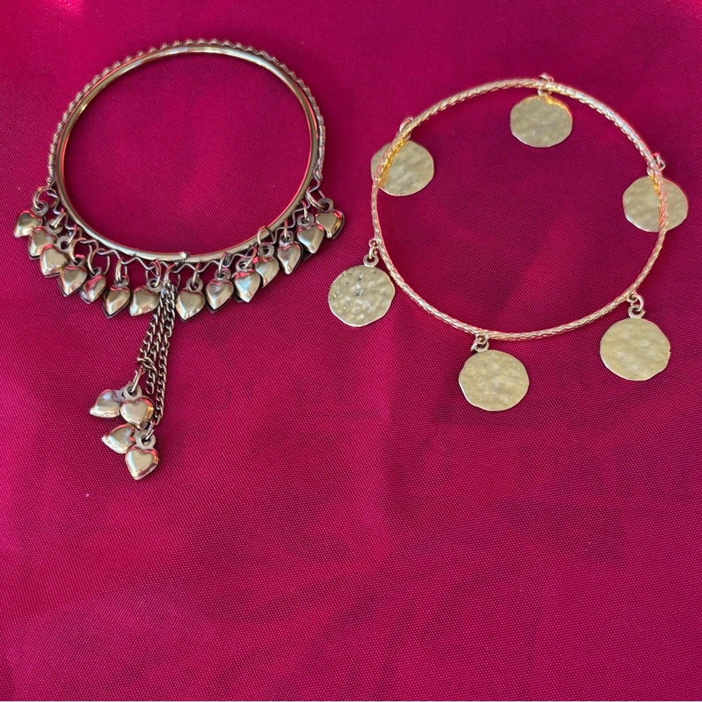 Heart & Coin Charm Bangle Bracelets
